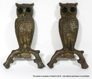 Pair Antique Cast Iron Owl Fireplace Andirons W/ Glass Eyes Without Bar " 18 "