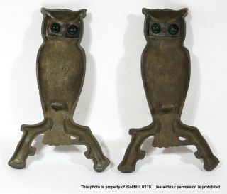 PAIR ANTIQUE CAST IRON OWL Fireplace ANDIRONS w/ GLASS EYES without Bar 