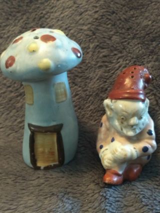 Vintage Mushroom House And Pixie Elf Ceramic Salt And Pepper Shakers Set