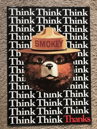Vintage 1982 Smokey Bear Poster Print “think” And " Thanks " Fire Prevention Usda