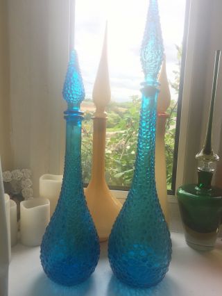 Vintage Blue Midi Sized Hobnail Genie Bottle 1960’s Italian Empoli Decanter