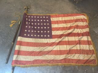 Vintage Regiment 48 Star American Flag With Brass Eagle And Pole