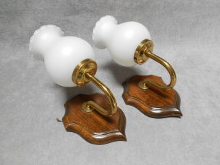 1980s French Pair Vintage Brass & Glass Wall Light Sconces