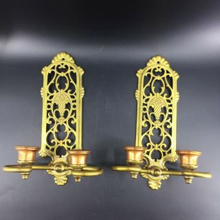 Vintage Victorian Ornate Brass Wall Sconce Double Copper Candle Holders Plaques