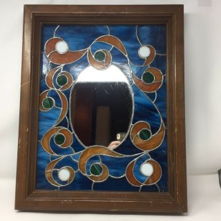 Stained Glass Mirror With Wood Frame Blue And Brown Glass With Leading