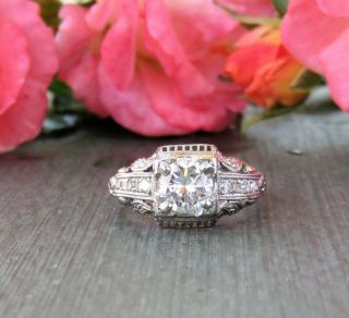 Vintage Art Deco Antique Engagement Ring 2 Ct Round Diamond 14k White Gold Over