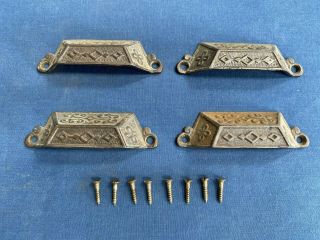 4 Antique Vintage Cast Iron Drawer Bin Pull Handles & Screws Hardware Reclaimed