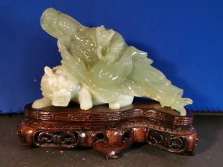 Vintage Chinese Green&white Jade Carved Woman Lady Guanyin Foo Dog Lion Figurine