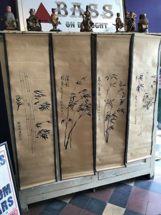Vintage Set Of 4 Oriental Paper Scrolls Wall Hangings Depicting Bamboo