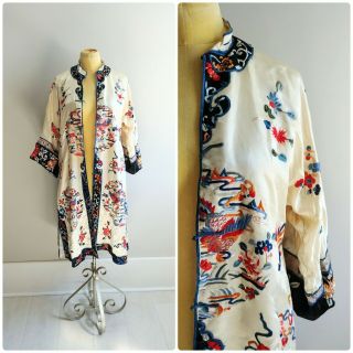 Vintage 1920 1930 Silk Embroidered Chinese Asian Rooster Robe Jacket Antique