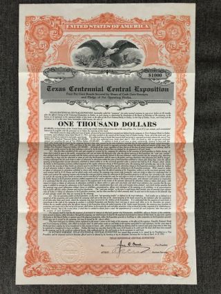 1935 1936 Texas Centennial Central Exposition Fair Bond $1000 Signature