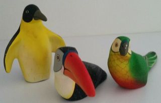Rare Vintage 3 Pc Paper Mache Penguin & 2 Birds Signed Mateos Tonala Jal Mex Vgc