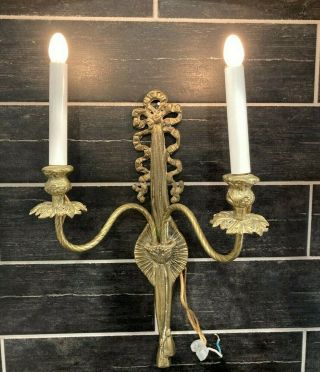 Vtg Brass ? Candelabra Sconce Wall Light Lamp 2 Arm Electric Candle Heavy