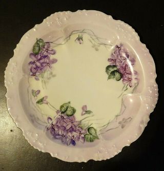 Vintage Hand Painted Purple Violets On Ceramic Plate,  Scalloped Rim Gold Trim