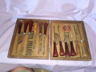 Vintage Miller Falls Carving Tools No.  3 Wood Box Set Of 12 Hand Tools