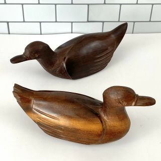 Set Of 2 Heavy Brown Hand Carved Wooden Ducks - Vintage Decoys Walnut Oak Wood