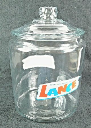 Vintage Large Lance Snack Crackers Store Counter Display Jar W/ Glass Lid 10.  5 "