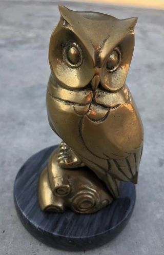 Vintage Brass Owl Figurine On Natural Stone Stand 5 1/2 " Tall Bird