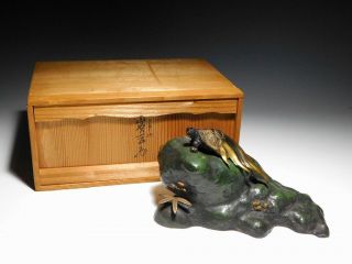 Turtle On The Rock Okimono Statue Japanese Vintage Artwork W/ Box