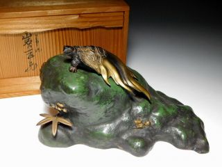 Turtle on the rock OKIMONO Statue Japanese Vintage Artwork w/ Box 2