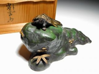 Turtle on the rock OKIMONO Statue Japanese Vintage Artwork w/ Box 3