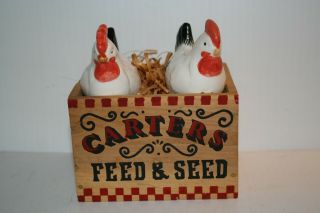 Vintage Salt And Pepper Shakers Chickens In A Wooden Carters Crate Nest