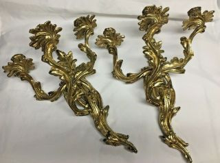 Vintage Pair Solid Brass Three Tier Heavy Wall Sconces 17 " Tall