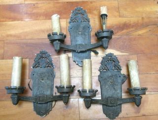 3 Vintage Gothic Cast Iron Electric Wall Sconces With Shield