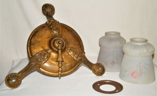 " Thos.  Day Co.  Sf " Victorian Brass Ceiling Light Fixture (2) Art Glass Shades