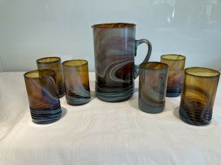 Set Of Vintage Murano Art Glass Water Jug & 6 Glasses