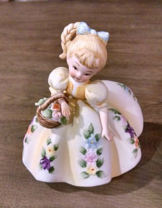 Lefton Southern Belle Yellow Lady Figurine With Basket Of Flowers Kw5154