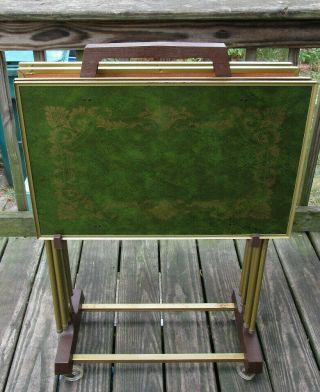 Set Of 4 Vintage Mcm Tv Trays & Caddy Stand Faux Green Leather & Gold Filigree