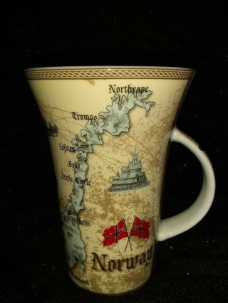 Norway Mug,  W/ Maps & Flags.  Lists Towns.  Shows People And Animals,  Houses.