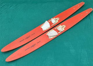 Vintage 1950s Healthways Red Wood Aqua Flite Water Skis W/bindings Speed King