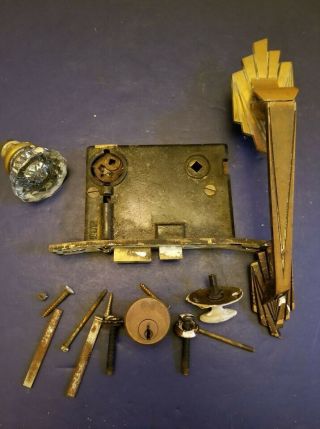Vintage Vtg Brass Art Deco Door Hardware Lock Set Lockset 1