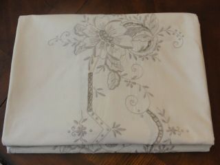 Vintage Hand Embroidered Madeira Cut Work Beige Linen Tablecloth.  Banquet 196 "