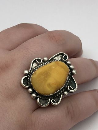 Vintage Sterling Silver 925 Natural Amber Stone Ring Size 10 (18.  7 Grams)