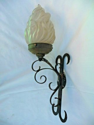 Vintage French Single Large Iron Wall Light With Flambe Glass Shade 1930s/1940s