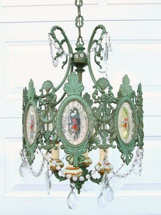 Vintage Shabby Chic Country French Style Ornate Green Metal Chandelier Restore