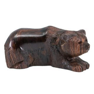 Unique Hand Carved Ironwood Bear Resting Figurine Wood Carving 5.  25 " Long