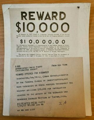 1937 Kidnapped Child & Unsolved Murder J Edgar Hoover Fbi Press Photo Tacoma Wa