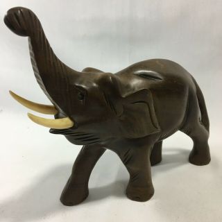 Vintage Wood Carved Elephant Figurine Statue 8 " Trunk Up Tusks Wooden