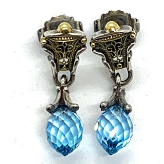 Antique Sterling Silver 14k Gold Filigree Blue Topaz Dangle Earrings.  1.  3/8” L98