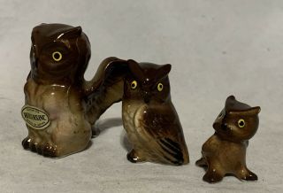 Brown Owl Family Figurine Trio Herters Inc Japan Vintage Mini Miniature Owls Set
