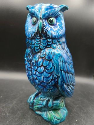 Mid Century Cobalt Blue Glazed Ceramic Owl Inarco Japan 9 "