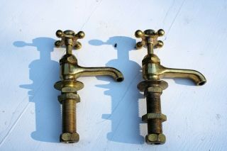 Vintage Bathroom Kitchen Brass.  Hot & Cold Faucets.  Porcelain H & C Handle Caps.