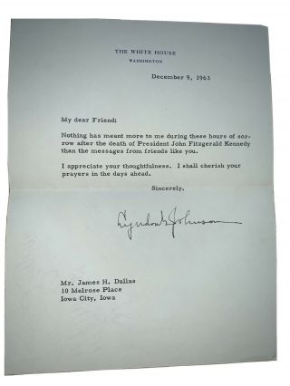 Lyndon B.  Johnson Signed Letter (autopen/secretarial) Dec 1963 Jfk Assassination