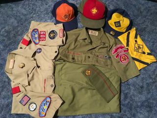 Vintage Bsa Boy Scouts Of America Uniforms 2 Shirts 4 Hats Scout Patches Pants