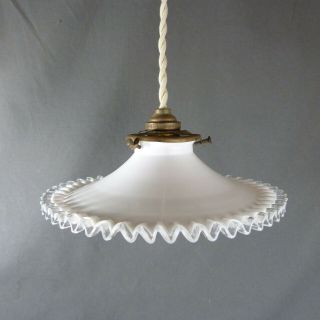 Small Vintage French Ruffled Opaline Milk Glass Ceiling Shade,  W/hardware,  Ø 8 "