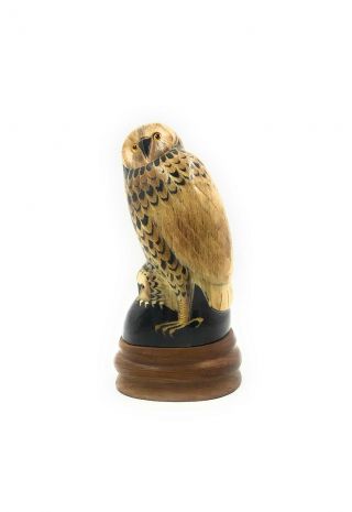 Hand Carved Water Buffalo Horn Scrimshaw Owl Carving 8 " Teak Base Usa Seller